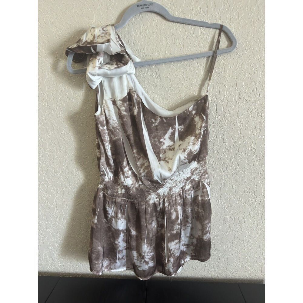 Papaya Top Brown/ Ivory Sz Medium Ruffled One-Shoulder Top Y2K